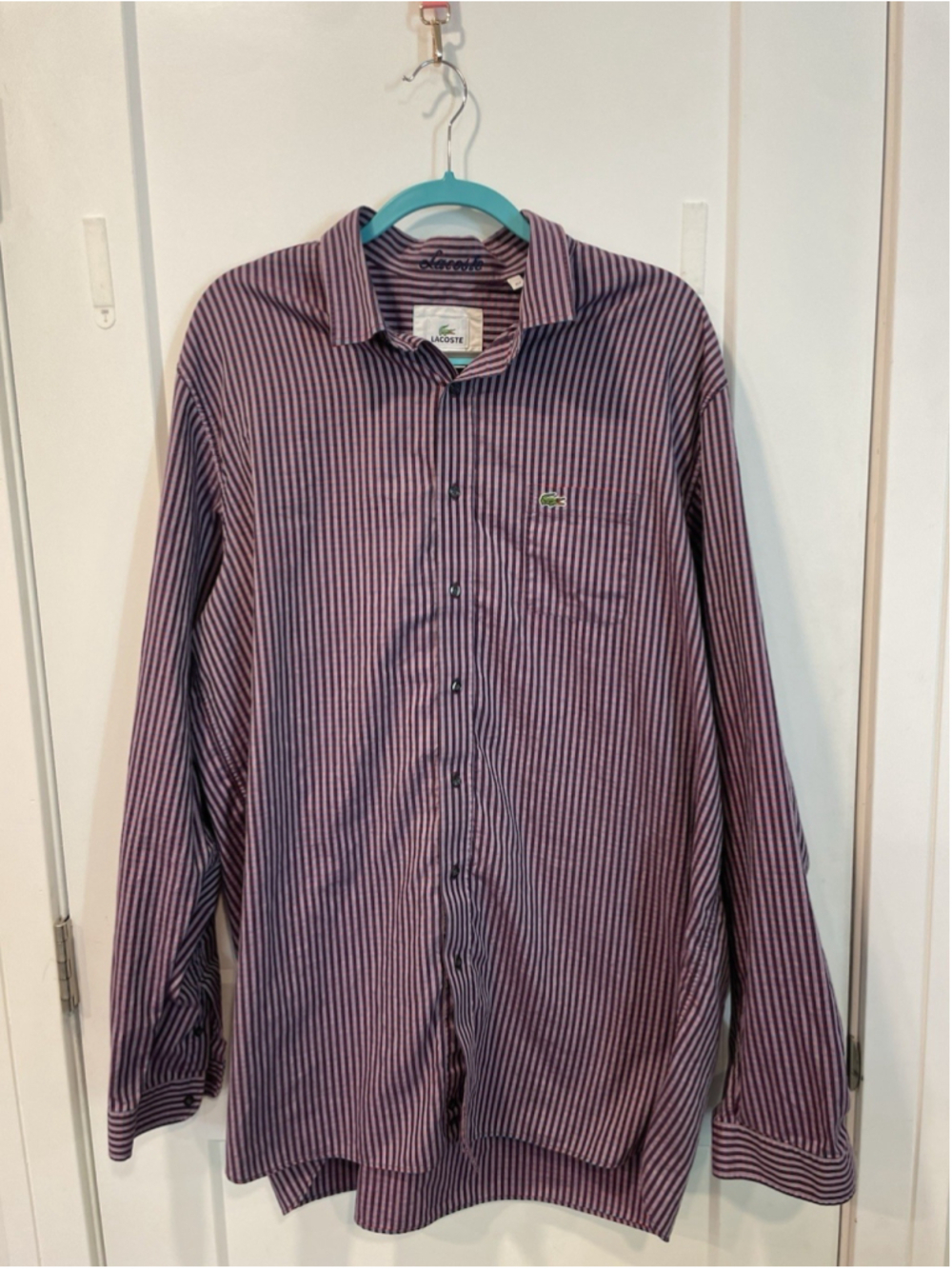 LACOSTE Mens Shirt XLT Long Sleeve Striped Button Down Purple Dress Shirt